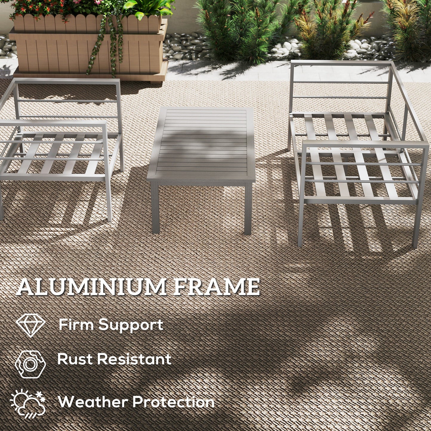 4-Piece Aluminium Garden Sofa Set | Thick Cushions | Loveseat, 2 Armchairs & Table | Charcoal Grey