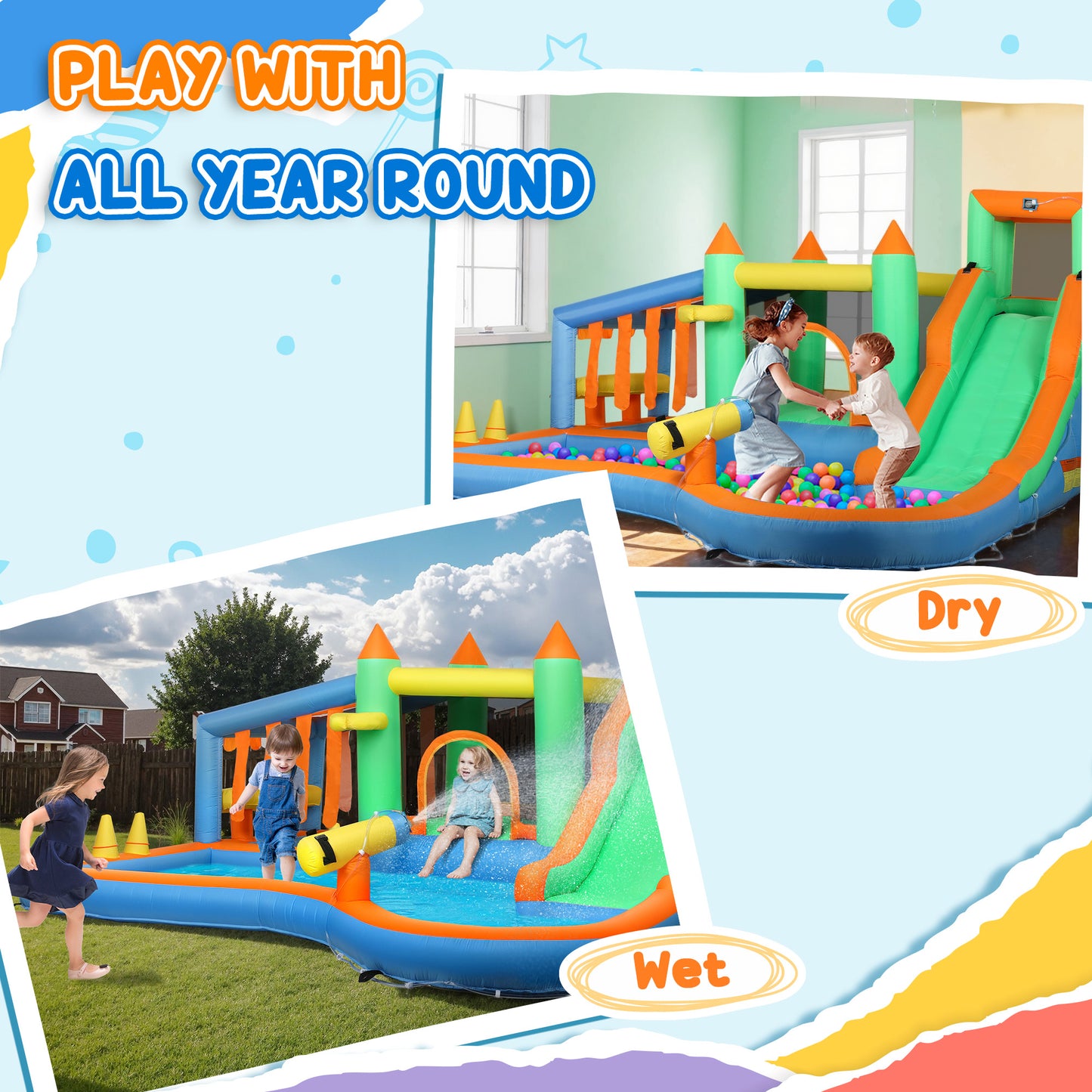 8 in 1 Inflatable Bounce House Bouncy Castle with 680W Blower, Slide, 2 Pools, Basketball Hoop, Climbing Wall, Water Gun, Ring Toss