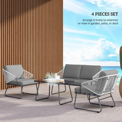 Outsunny 4 Piece Rattan Garden Furniture Set , Patio Outdoor Furniture Set w/ Glass Top Coffee Table and Cushions for Patio, Conservatory, Balcony, Grey