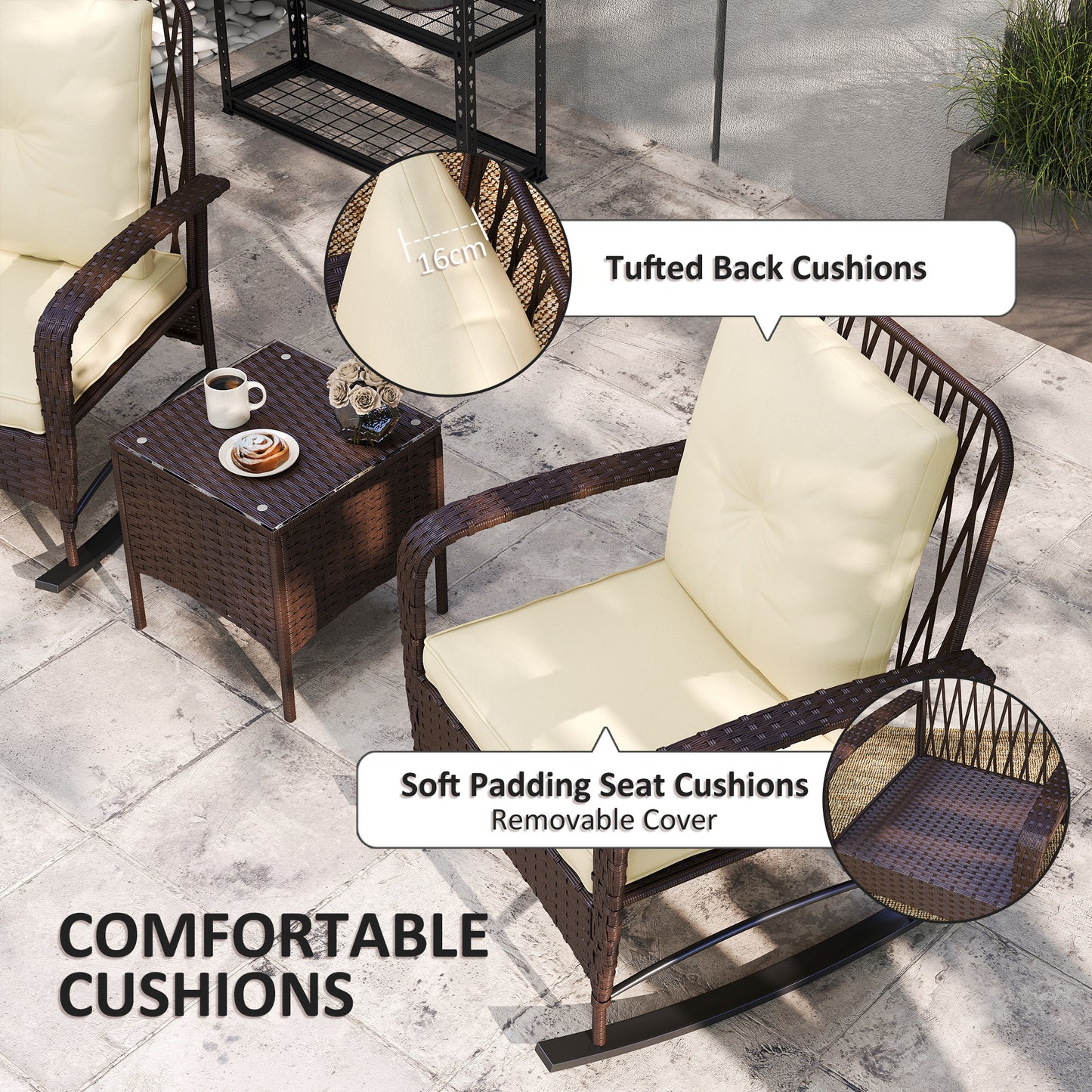 3 Piece Rattan Rocking Chair Bistro Set | 2 High Back Rocking Chairs | Tempered Glass Table | 16cm Back Cushion | 8cm Seat Cushion | 120kg | Brown