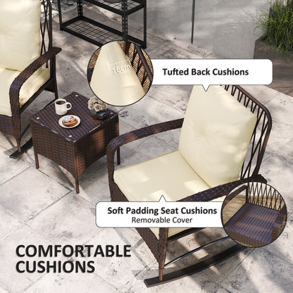 3 Piece Rattan Rocking Chair Bistro Set | 2 High Back Rocking Chairs | Tempered Glass Table | 16cm Back Cushion | 8cm Seat Cushion | 120kg | Brown
