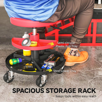Rolling Mechanic Stool, 135kg Capacity Workshop Stool, 360° Swivel Roller Padded Creeper Seat with Wheels, Tool Trays Storage for Garage, Shop, Auto Repair, Red