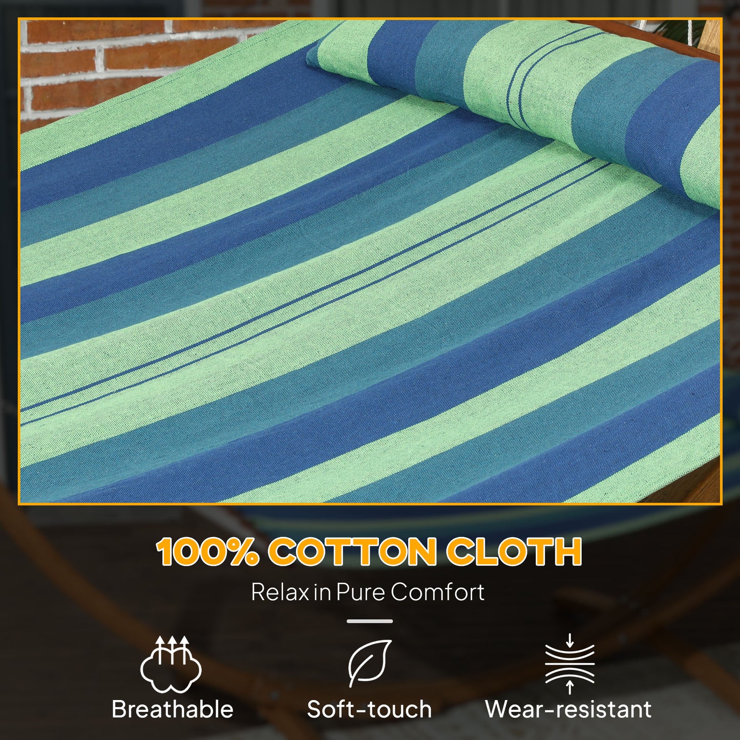 Outdoor Hammock with Stand, Garden Hammock with Triple-Head Eucalyptus Wood Arc Frame, 1 Person Cotton Bed and Head Pillow, Freestanding Garden Swing