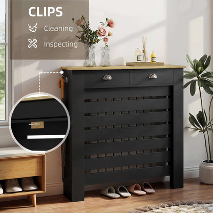 MDF & Particle Board Radiator Cover with 2 Drawers | Slatted Design | Skirting Board Cut-Outs | Easy-Fix Clips | Wood-Effect Top | 5kg Per Drawer | 111x19x95.5cm | Black