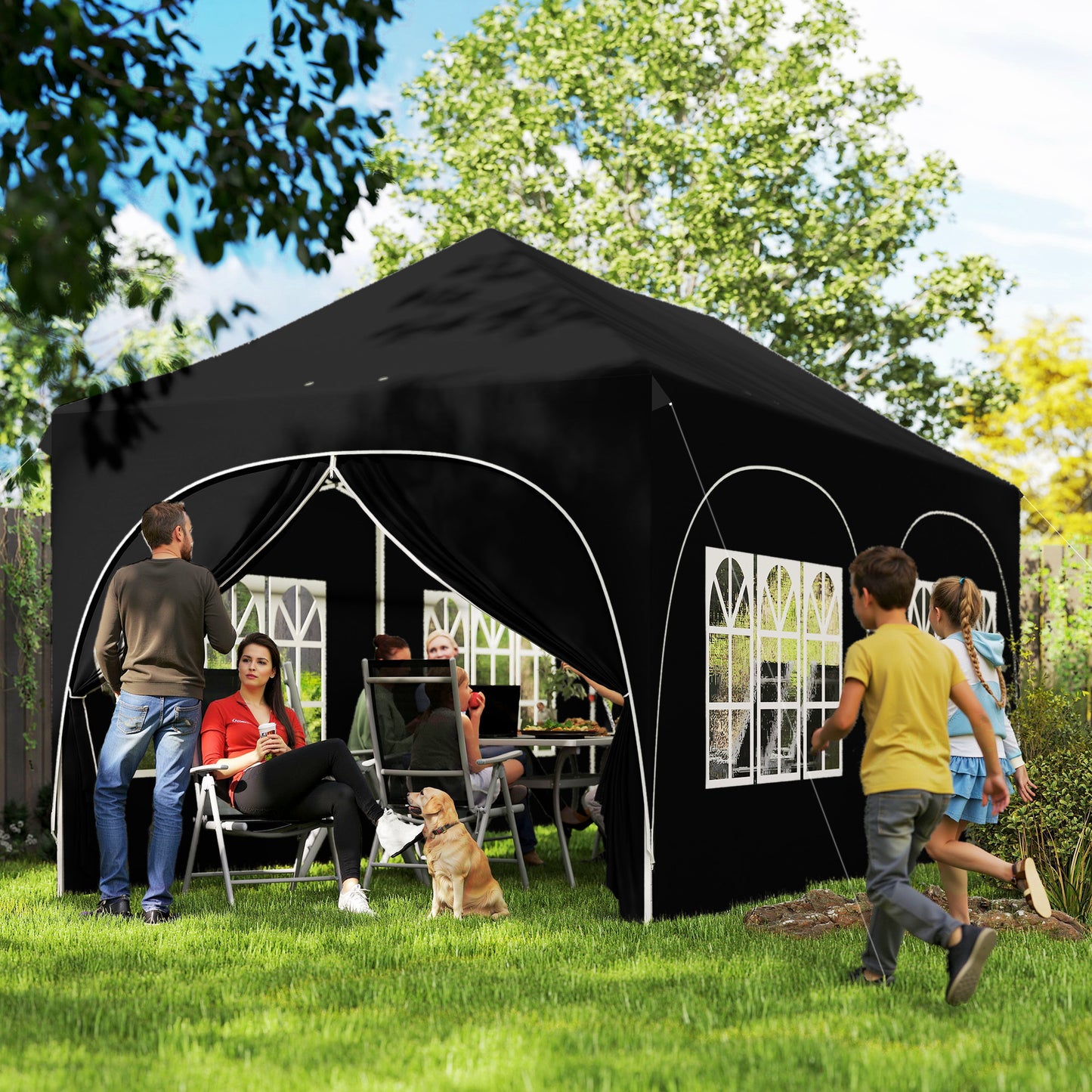 3x6m Peak-Top Pop-Up Party Gazebo | 15-20 People | UPF30+ 210D Oxford Fabric | 6 Sidewalls | 4 Windows & 2 Zipper Doors | 3 Height Settings | 12 Drainage Holes | Stakes, Ropes & Sandbags | Carry Bag | Black