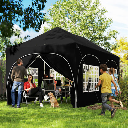 3x6m Peak-Top Pop-Up Party Gazebo | 15-20 People | UPF30+ 210D Oxford Fabric | 6 Sidewalls | 4 Windows & 2 Zipper Doors | 3 Height Settings | 12 Drainage Holes | Stakes, Ropes & Sandbags | Carry Bag | Black
