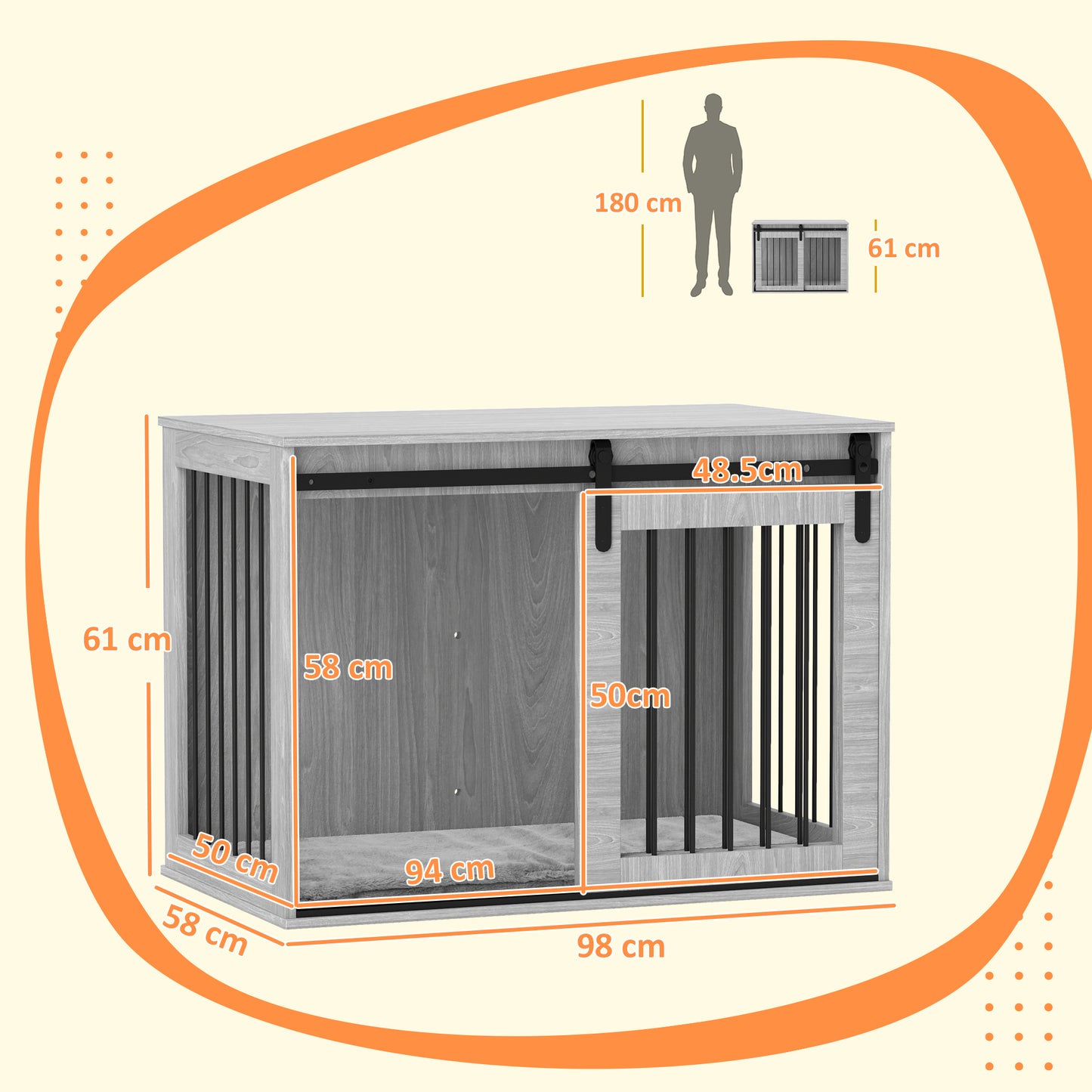 Dog Crate Furniture Side Table | Barn Door | Removable Washable Cushion | 3-Sided Ventilation | Large Dogs up to 30kg | 100 x 60 x 61cm | Grey