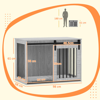 Dog Crate Furniture Side Table | Barn Door | Removable Washable Cushion | 3-Sided Ventilation | Large Dogs up to 30kg | 100 x 60 x 61cm | Grey