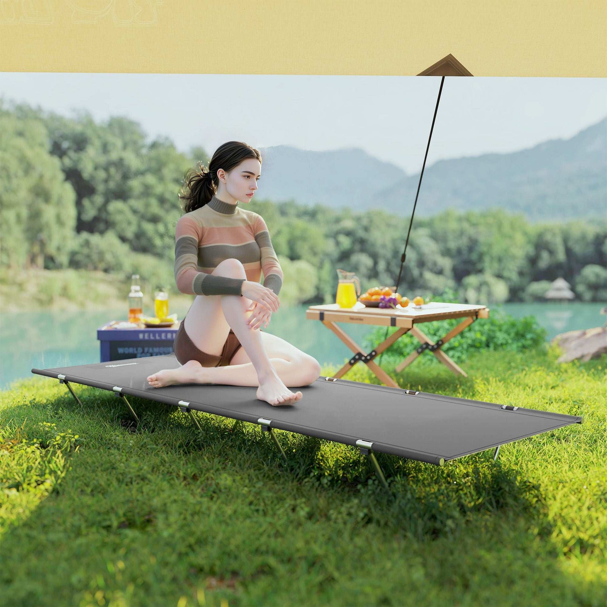 Outsunny Lightweight Camping Bed, w/ Strong Support 150kg and Carry Bag for Camping, Dark Grey