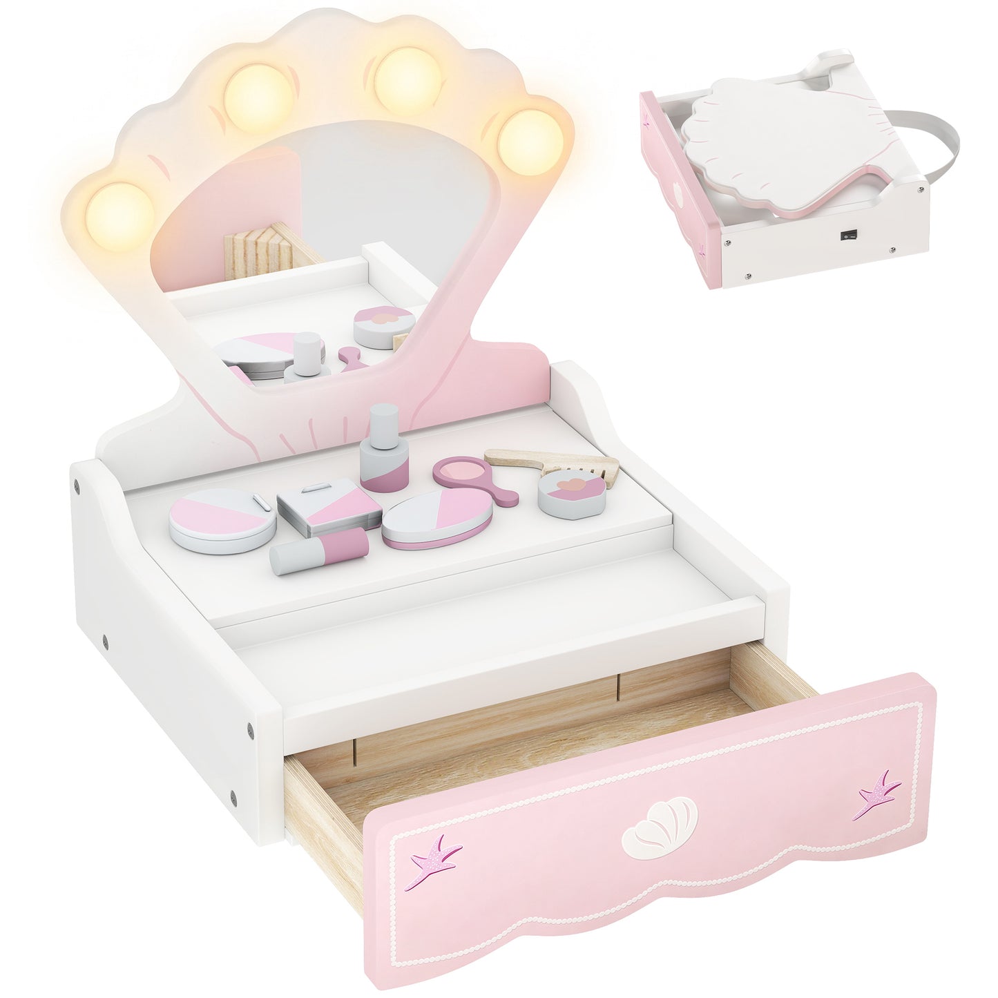 Kids Vanity Table | Girls Dressing Table | 4 Lights | Mirror | Drawer | 8 Accessories | Ages 3–6 | 31x27x33.2cm | Pink