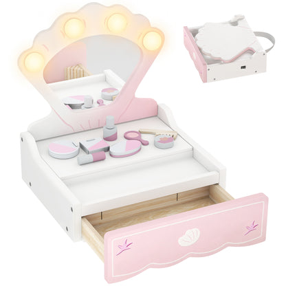 Kids Vanity Table | Girls Dressing Table | 4 Lights | Mirror | Drawer | 8 Accessories | Ages 3–6 | 31x27x33.2cm | Pink
