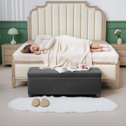 Storage Ottoman Bench, Corduroy Footstool with Removable Lid and Legs, 112cm Storage Chest Box for Living Room, Bedroom, Hallway, Grey