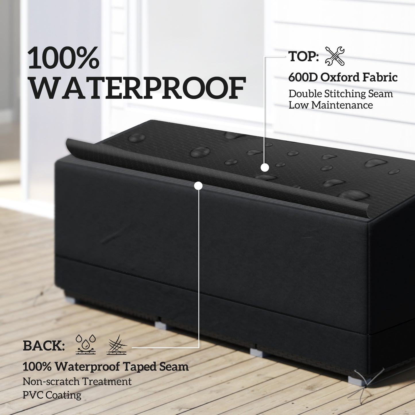 Rectangular Patio Furniture Cover for 3 Seater Sofa Bistro Set, Water UV Resistant Protection 600D Oxford Fabric Rattan Lounge Clean Cover, 190 x 72 x 76cm, Black