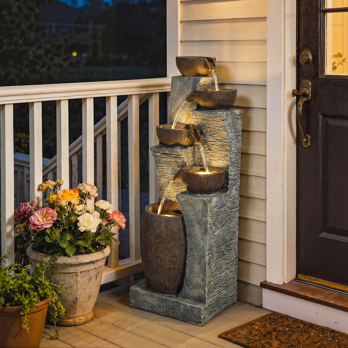 Tall 5-Tier Jug-Style Resin Waterfall Fountain | Hand-Painted Rustic Finish | Warm LED Lights | 3-Speed Adjustable Pump | 16W | 230V | 3m Cable | 35x34x110cm | Garden & Patio | Grey & Rustic Brown