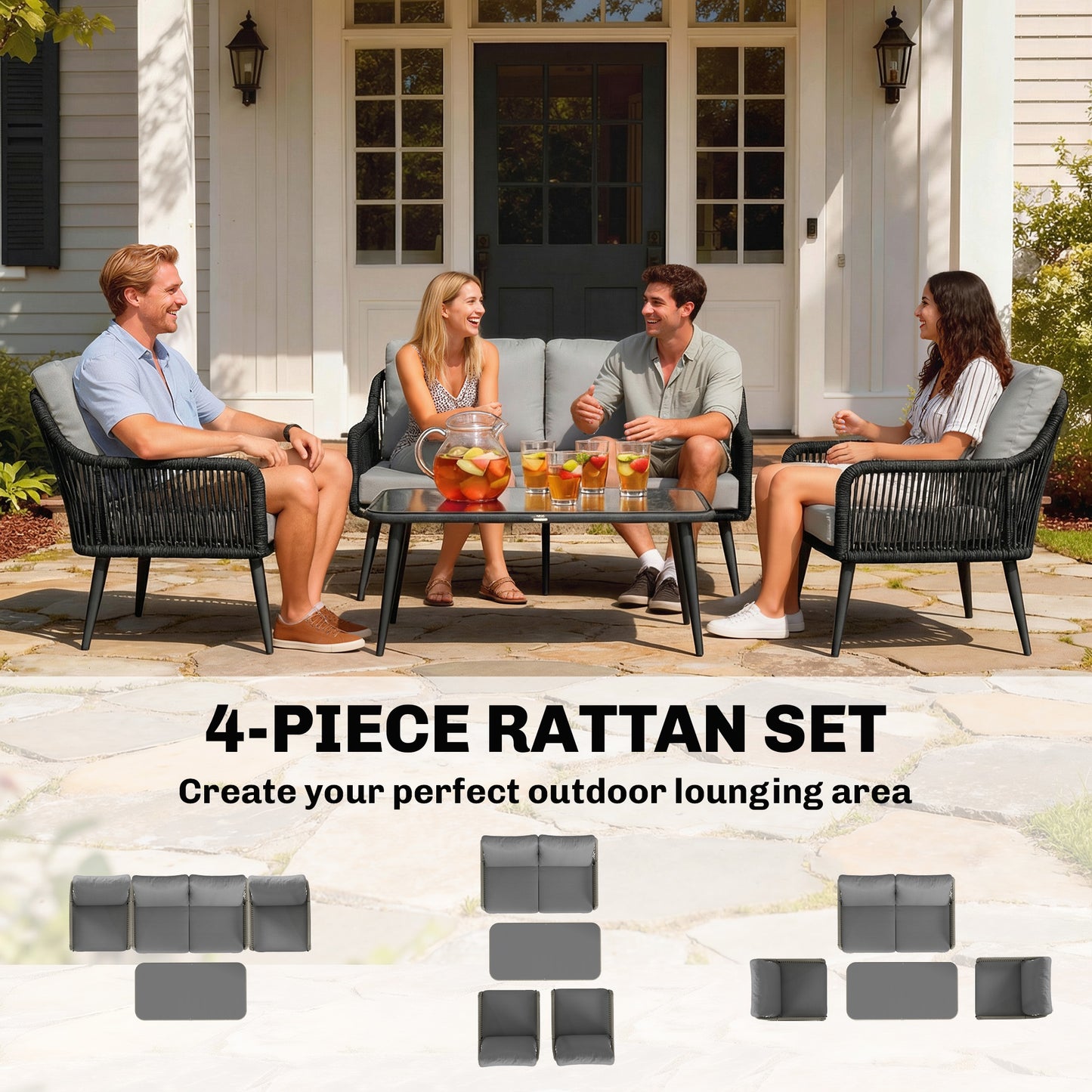 4 Piece Rattan Garden Furniture Set | Loveseat | 2 Chairs | Coffee Table | Tempered Glass | All-Weather PE Rattan | Galvanised Steel | Water-Repellent Cushions | 240kg | Black