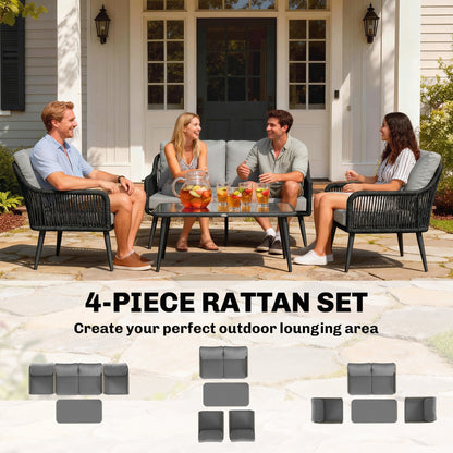 4 Piece Rattan Garden Furniture Set | Loveseat | 2 Chairs | Coffee Table | Tempered Glass | All-Weather PE Rattan | Galvanised Steel | Water-Repellent Cushions | 240kg | Black