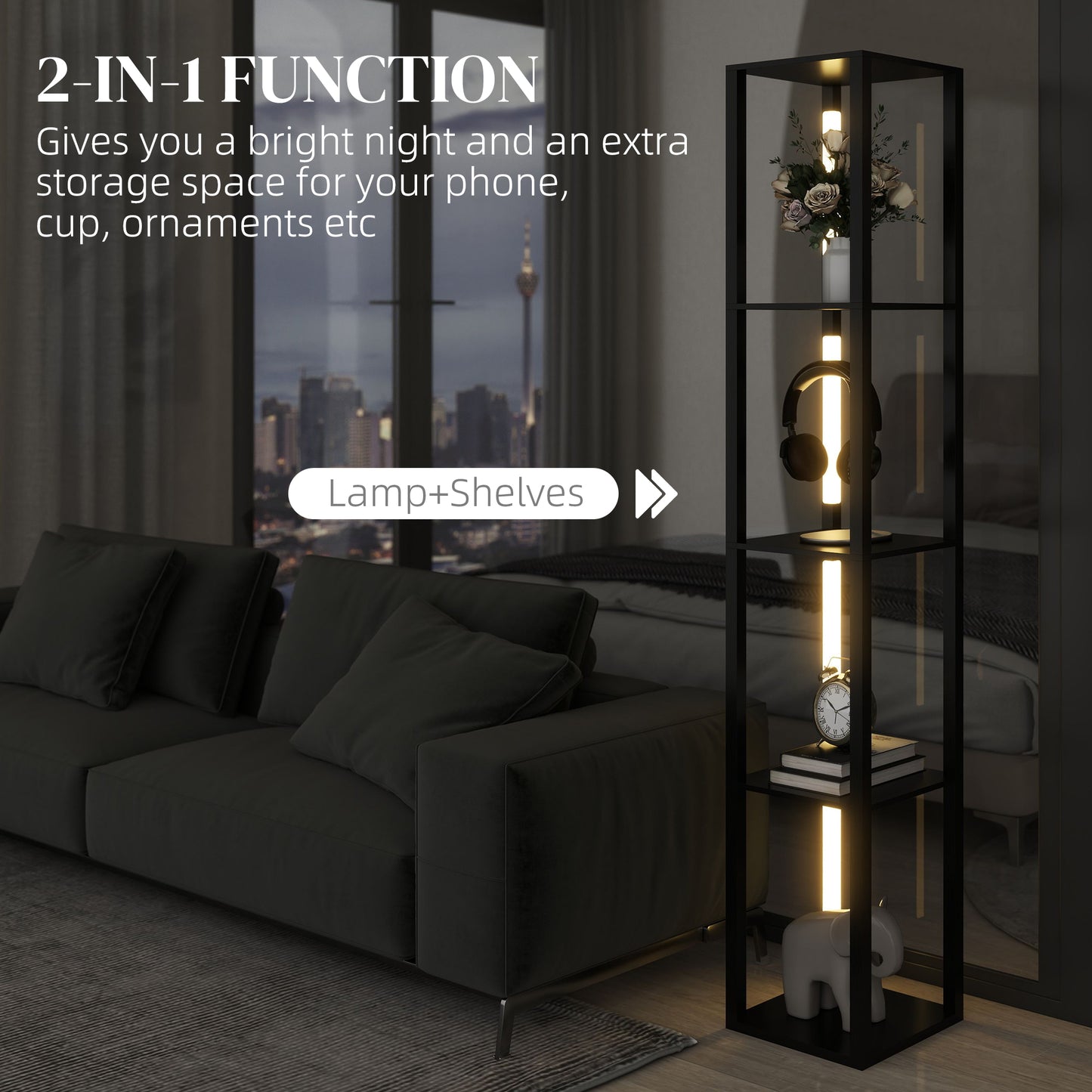 Floor Lamp with Shelves, 4 Layer Dimmable Column Modern Standing Lamp with 3 Brightness Levels and Foot Switch, Black