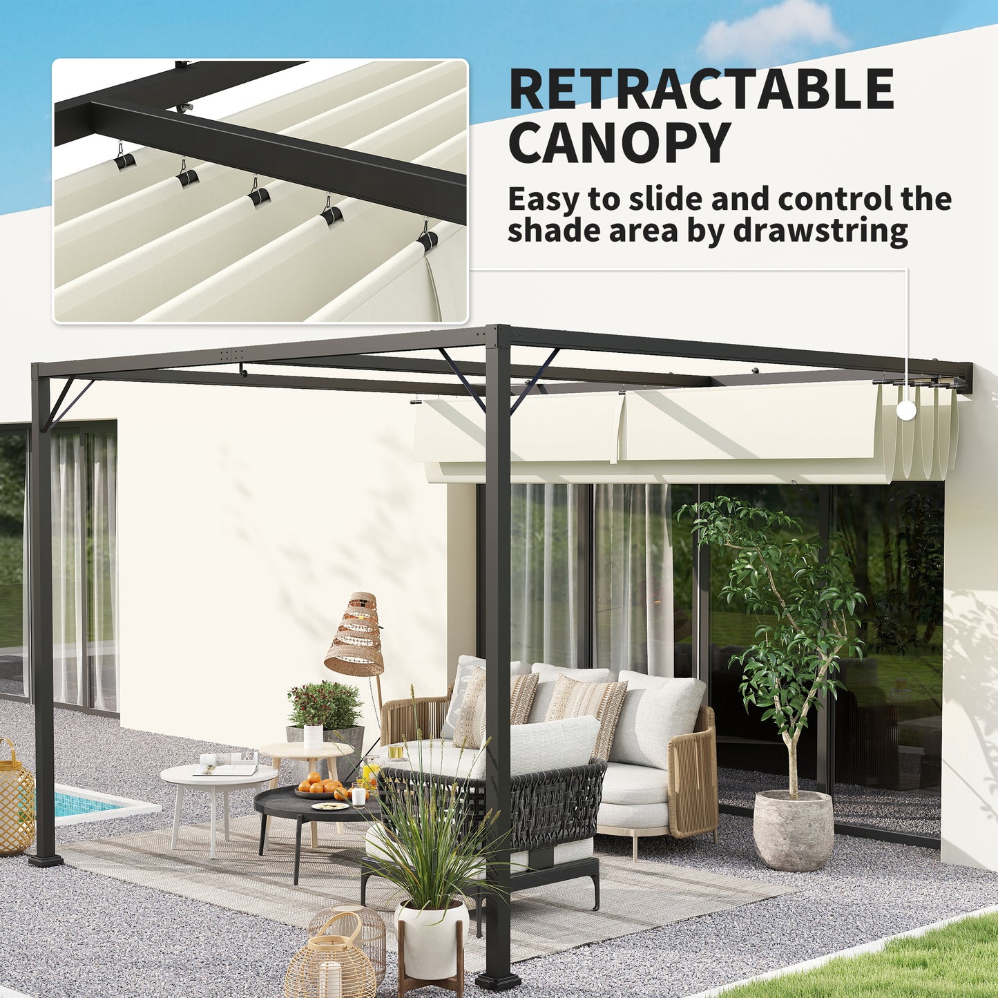 Outsunny 3 x 3(m) Outdoor Wall Mounted Pergola with Retractable Canopy -Cream White