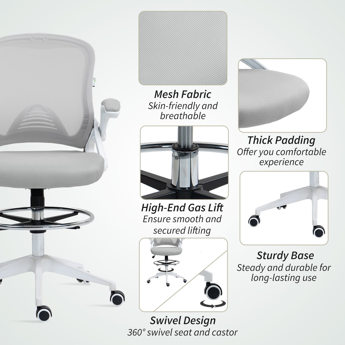 Drafting Chair for Standing Desk | Mesh Back | Foam Seat | Flip-Up Armrests | Foot Ring | 360° Swivel | Height Adjustable 106-126cm | 120kg | Light Grey