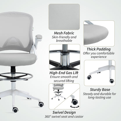Drafting Chair for Standing Desk | Mesh Back | Foam Seat | Flip-Up Armrests | Foot Ring | 360° Swivel | Height Adjustable 106-126cm | 120kg | Light Grey