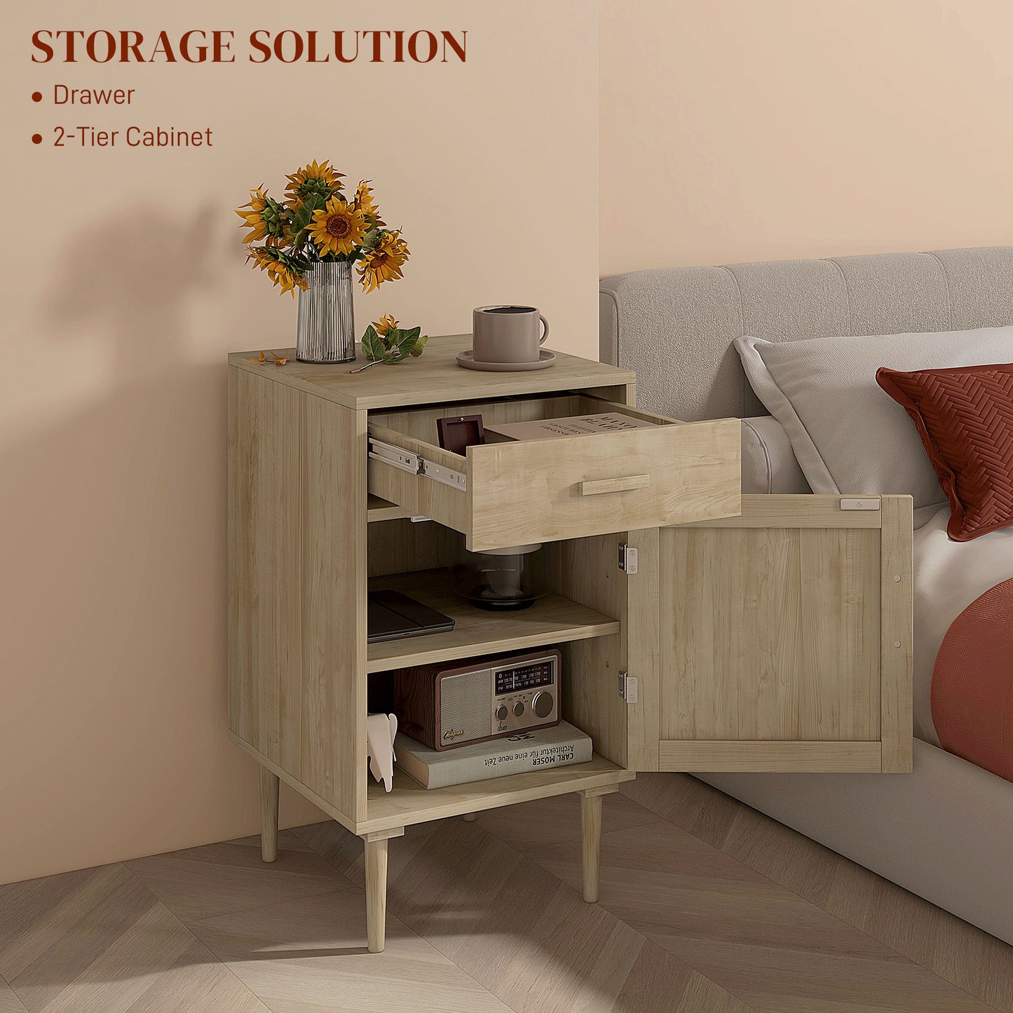 Bedside Table, Rattan Side Tables W/ Drawer, Cabinet And Adjustable Shelf,  Bedside Storage For Bedroom, Living Room, Natural Wood Effect