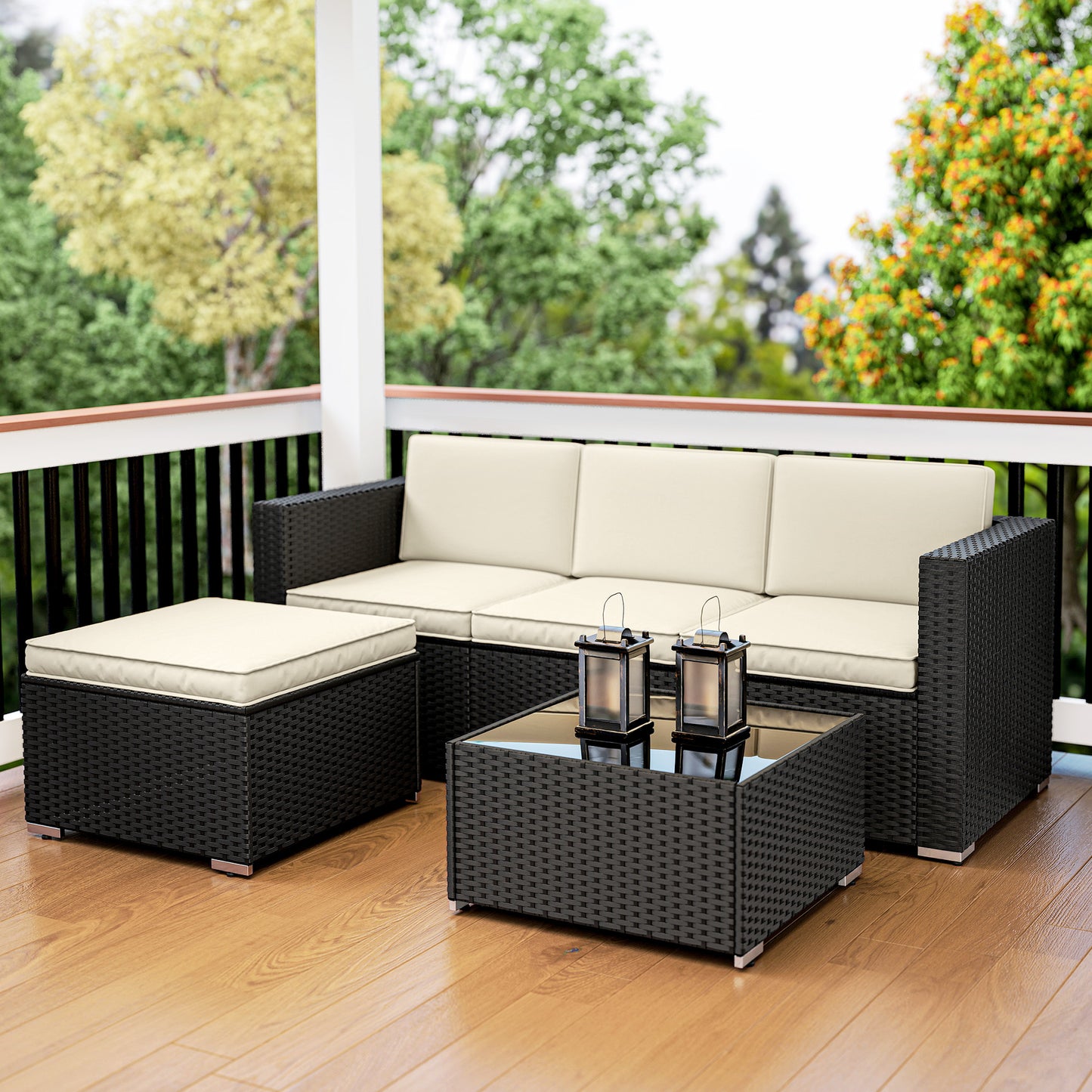 3-Piece Rattan Garden Sofa Set | 3-Seat Sofa | Ottoman | Tempered Glass Table | Zip Cushions | 360kg | Black
