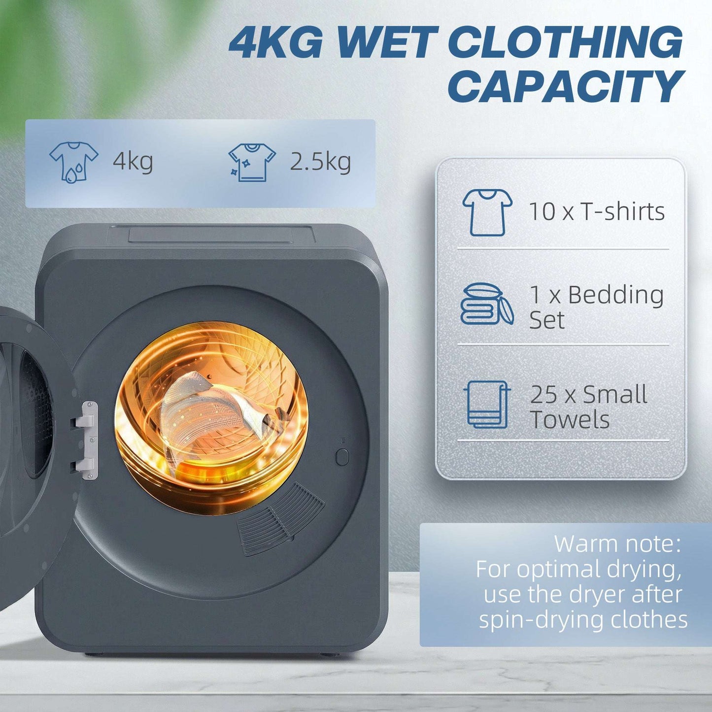 Vented Tumble Dryer, 4kg Front Tumble Dryer with Stainless Steel Tub, 800W Compact Small Space Freestanding Grey