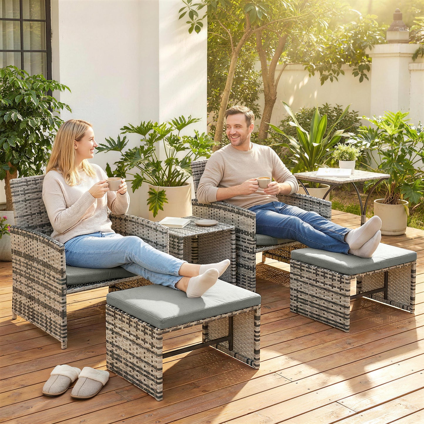 6-Piece Space-Saving PE Rattan Garden Furniture Set | 2 Armchairs | 2 Footstools | 2 Nesting Tables | UV-Resistant Rattan | Powder-Coated Steel | 5cm Zip Cushions | Fixing Straps | 120kg Capacity | Grey