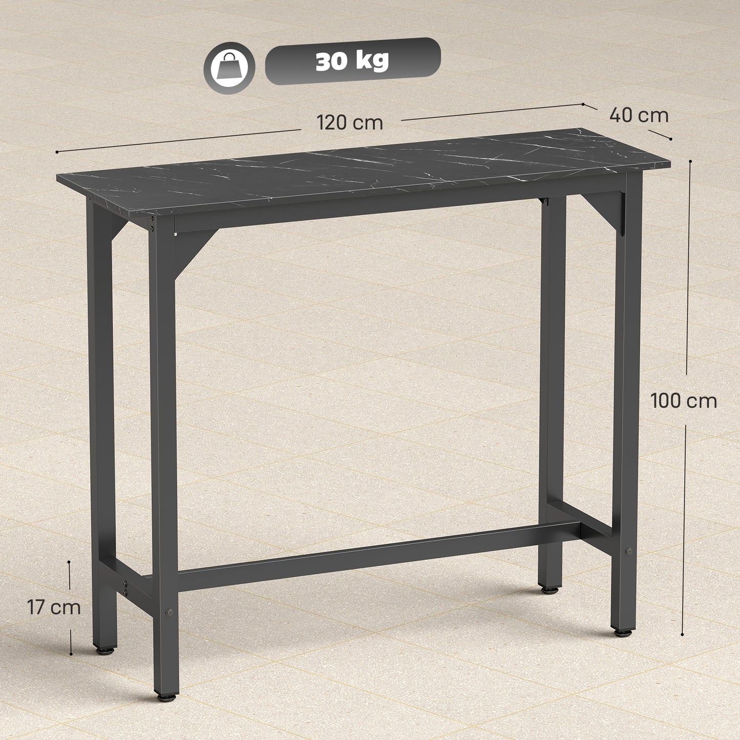 Rectangular Bar Table, Marble Effect Pub Coffee Table for Small Space, Breakfast Dining, Black Marble Effect