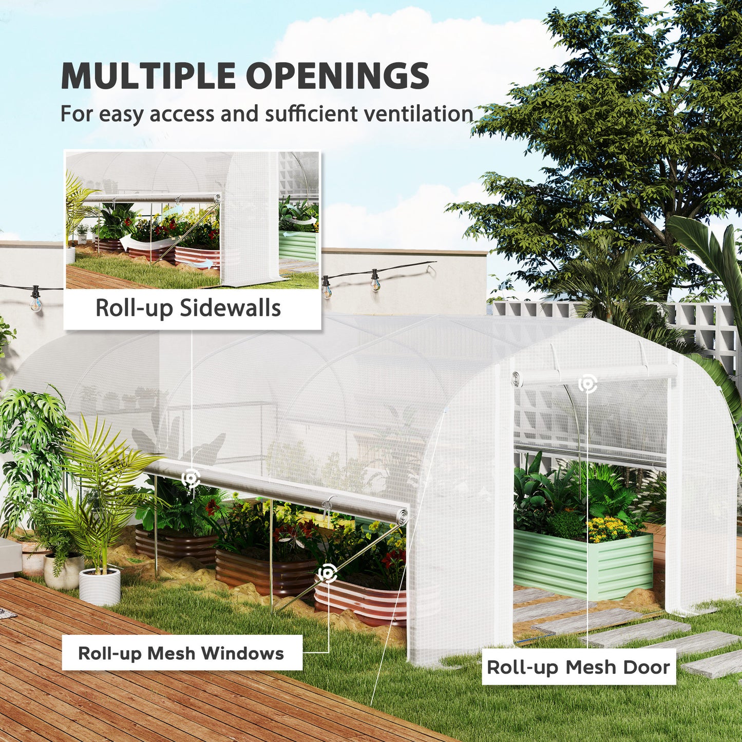 6 x 3 x 2m Walk-in Polytunnel Greenhouse, Zipped Roll Up Sidewalls, Mesh Door, 8 Mesh Windows, Tunnel Warm House Tent, Complimentary Plant Labels and Gloves, White
