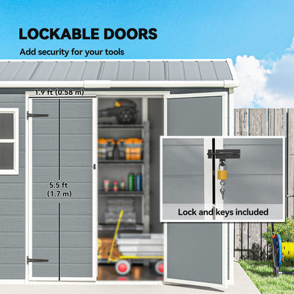 PP & Aluminium Garden Storage Shed | Wood-Grain Texture | Apex Roof | 116cm Double Doors | Lock & Keys | 2 Windows | 2 Vents | UV-Resistant | 40kg/m² Snow Load | 244x131x201cm | 2.77m² | Light Grey