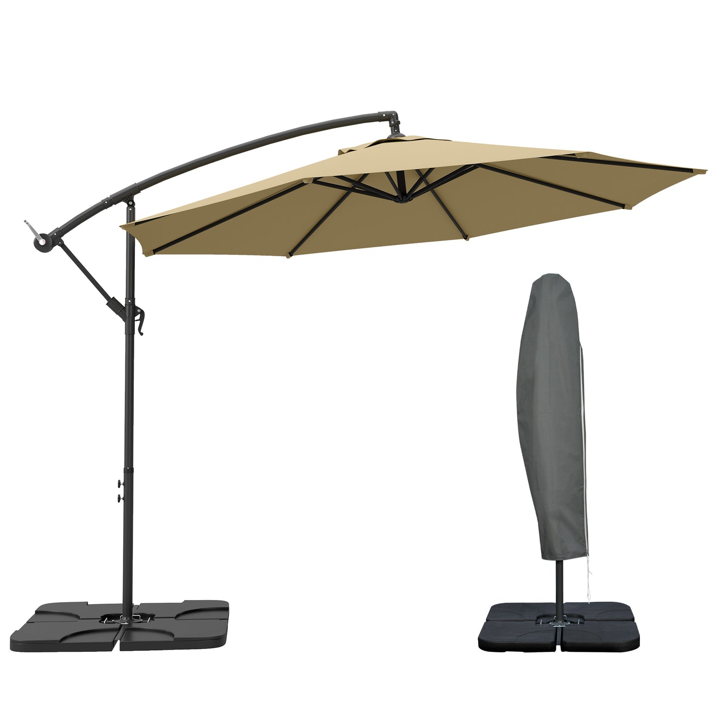 Outsunny 3(m) Garden Banana Parasol Cantilever Umbrella with Crank Handle, Cross Base, Weights and Cover for Outdoor, Hanging Sun Shade