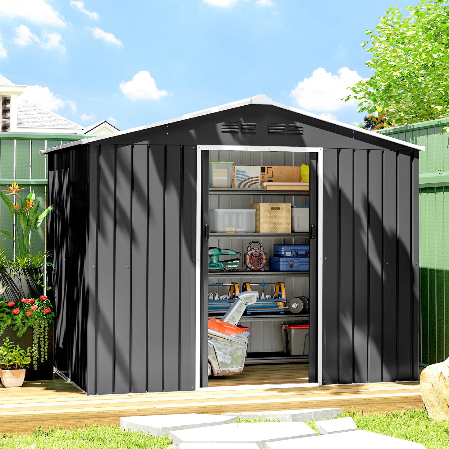 Large Galvanised Steel Garden Storage Shed | Double Sliding Door | 4 Ventilation Slots | Sloped Roof | 20kg/m² Snow Load | 236x171x191cm | Bikes Scooters Tools & Bins | Dark Grey