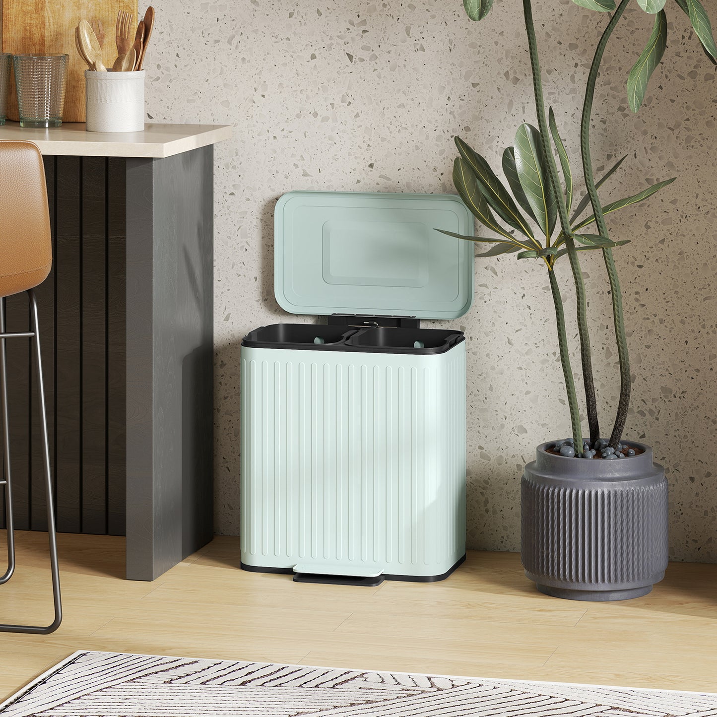 40L 2 x 20 Litre Dual Compartment Rubbish Bin, with Soft-Close Lid - Green