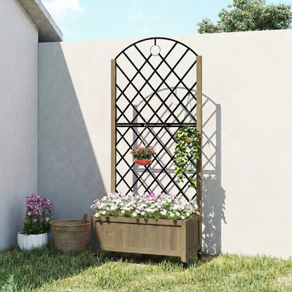 Raised Garden Bed with Metal Trellis | Wooden Elevated Planter Box | 50L Soil Capacity | 4 Wheels 2 Lockable | 30kg Max Load | 72x36x168cm | Carbonised Finish