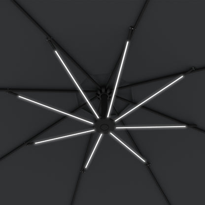 3(m) Cantilever Parasol with Solar LED Lights, Garden Umbrella with Cross Base and Crank Handle, Hanging Offset Banana Sun Shade for Outdoor, Patio