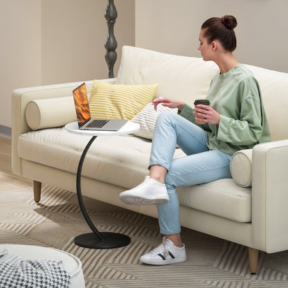 C Shaped Side Table, Round Bedside Table with Marble Effect Top, Modern Coffee Table Sofa End Table, White
