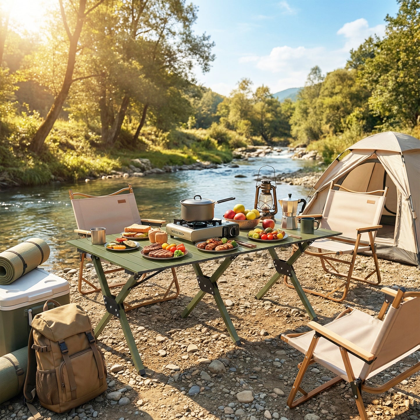 4ft Folding Camping Picnic Table | Roll Up Top | 116x59x43cm | Waterproof | All Metal Frame | 30kg | Green