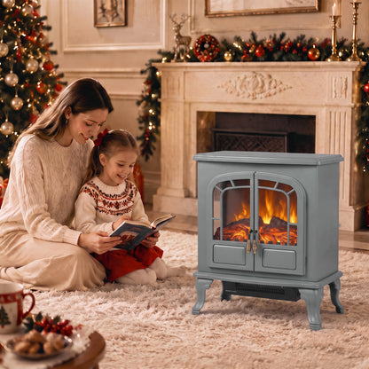 Electric Fireplace Stove | Grey Freestanding 2000W Heater with LED Flame Effect, Energy Rating C