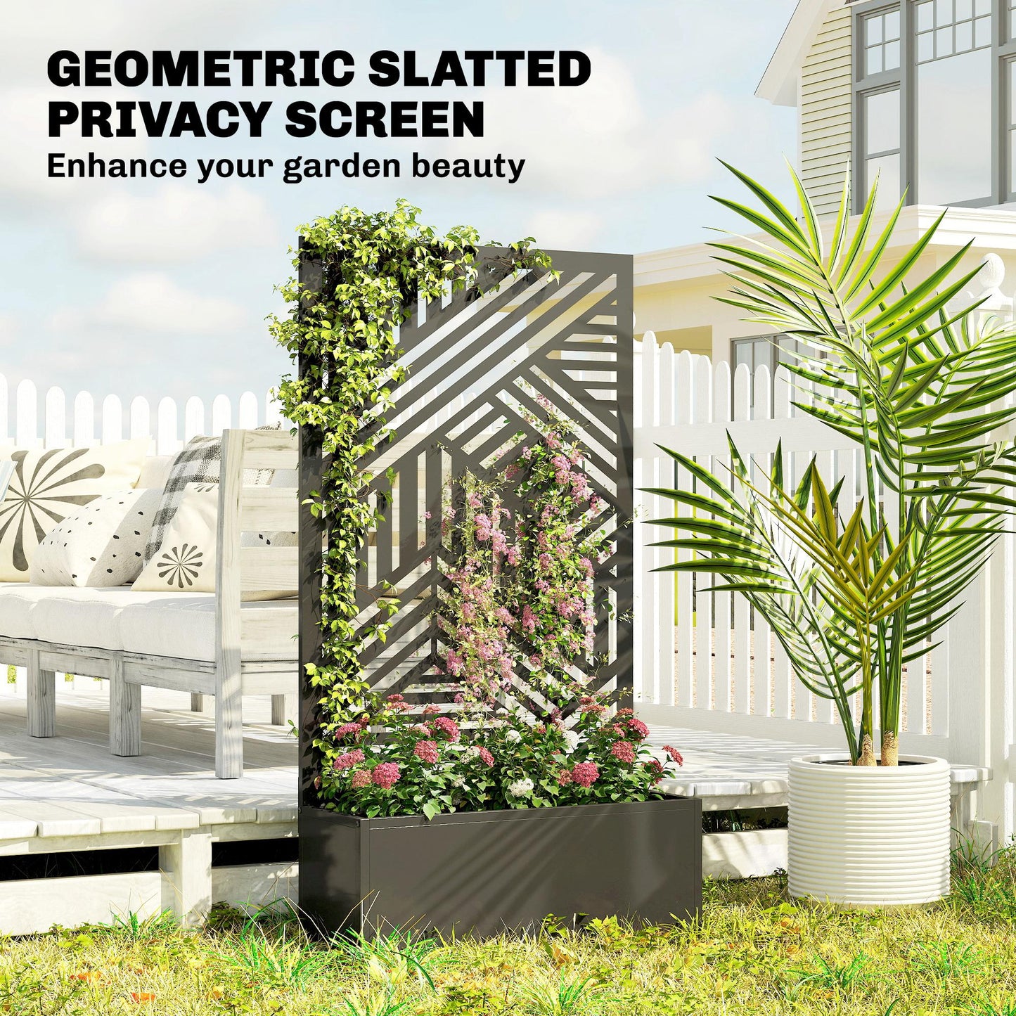 Metal Raised Garden Bed with Geometric Slatted Trellis & Privacy Screen | Powder-Coated | 20L Soil Capacity | 30kg Max | Patio Balcony & Garden | 61x23x113cm | Black