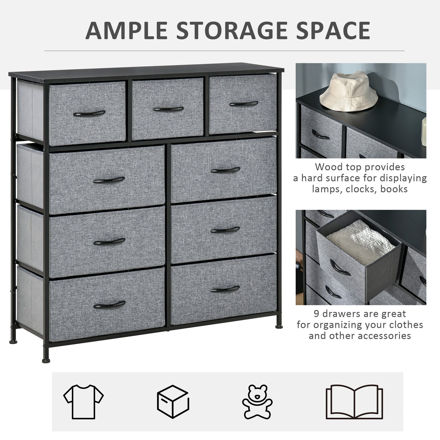 9 Drawers Storage Chest Dresser Organizer Unit , Easy Pull Fabric Bins, for Bedroom, Hallway, Entryway, Black & Grey