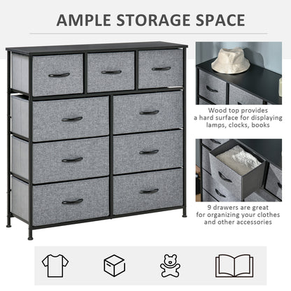 9 Drawers Storage Chest Dresser Organizer Unit , Easy Pull Fabric Bins, for Bedroom, Hallway, Entryway, Black & Grey