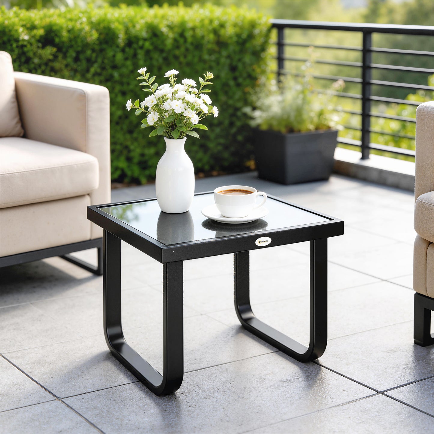 Outdoor Garden Coffee Table | Tempered Glass Top | Powder Coated Metal Frame | Adjustable Feet | 45x45x33cm | 30kg | Black
