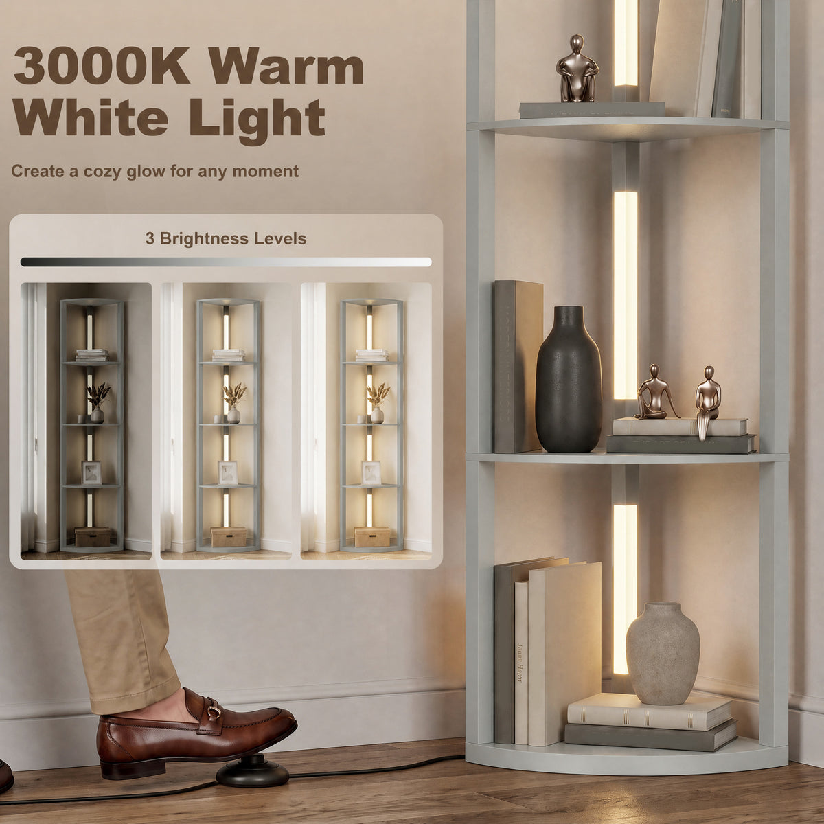 Corner Floor Lamp with 4-Tier Shelving | Grey MDF Plastic | 41x29.5x163.5cm | 3000K Warm White LED | 1530lm | 3-Level Brightness | Foot Switch | 25000hrs | 8kg
