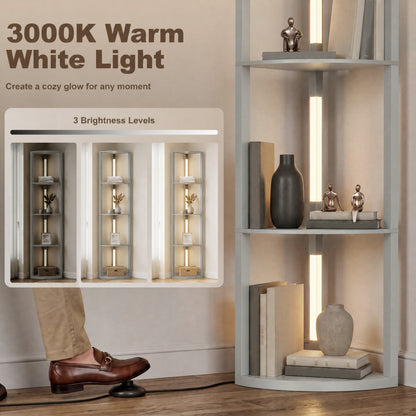 Corner Floor Lamp with 4-Tier Shelving | Grey MDF Plastic | 41x29.5x163.5cm | 3000K Warm White LED | 1530lm | 3-Level Brightness | Foot Switch | 25000hrs | 8kg