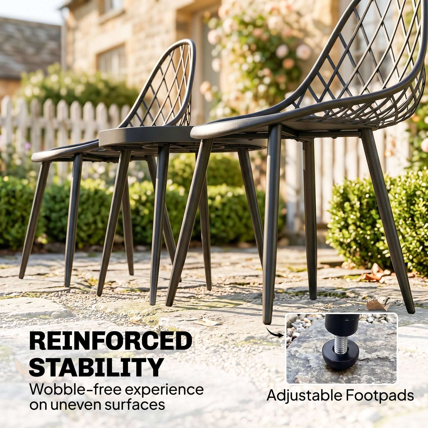 3-Piece Outdoor Bistro Set | 2 Chairs & Round Table | PP Mesh Backrest | Reinforced X-Frame | Anti-Rust Metal Legs | Adjustable Footpads | 120kg Chair Capacity | Garden & Balcony | Black