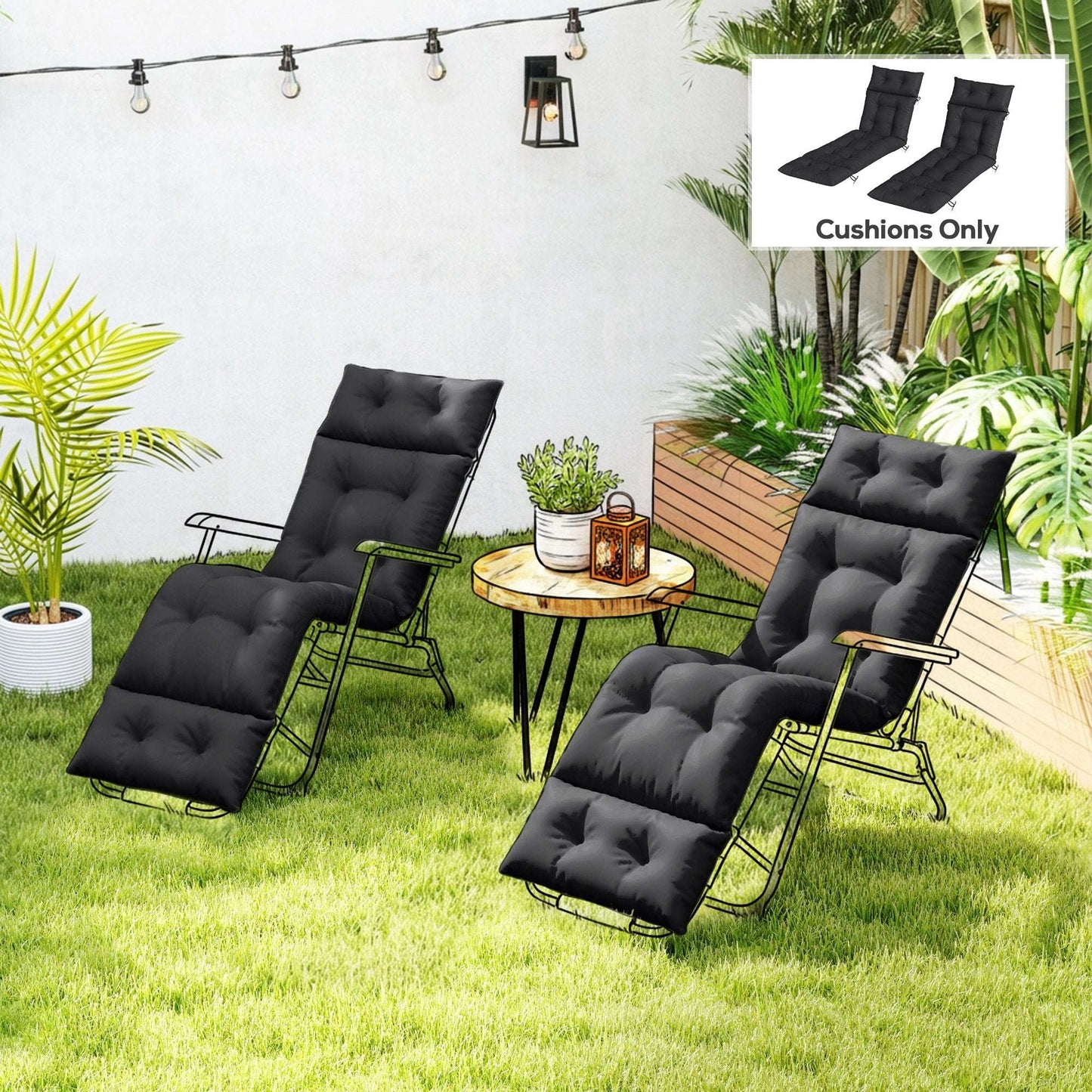 Set of 2 Sun Lounger Cushions | 190x56x10cm | High-Resilience PP Foam | UPF20+ | Fade & Splash Resistant | 220gsm Polyester | 6 Tie Fastenings | Black