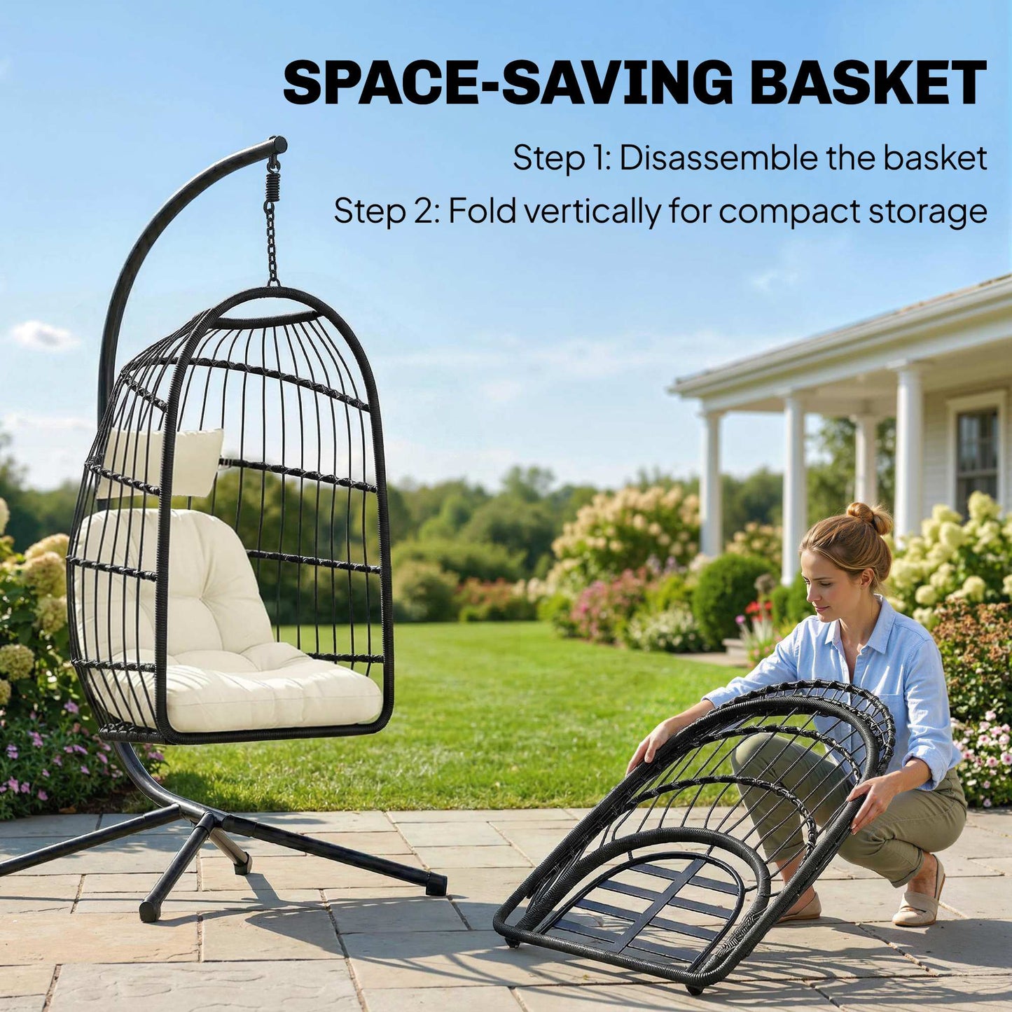 Hanging Egg Chair with Stand | 15cm Thick Cushion & Headrest | Adjustable Chain | Safety Strap | Foldable Basket | PE Rattan | 120kg | Indoor & Outdoor | Black & Cream White