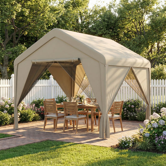 3x3m Patio Gazebo with Netting & Curtains | Dual-Layer Sidewalls | Mesh Apex Roof UV30+ | PVC-Coated Fabric | Flexible 4-Entry Door System | Galvanised Steel Frame | Windproof Level 4-6 | Snow Rated | Khaki