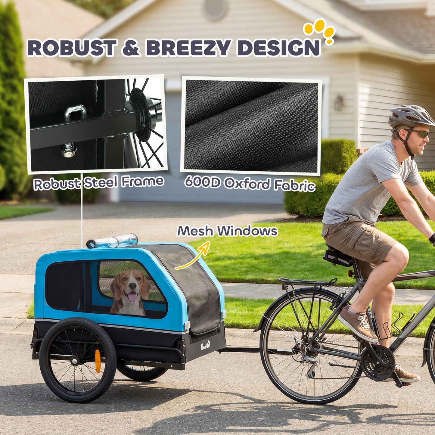 Dog Bike Trailer | Flip-Down Ramp Tailgate | 16" Pneumatic Tyres | Front Door Threshold | Reflectors & Flag | Quick-Release Frame | Dogs up to 20kg | 138 x 69 x 70cm | Blue